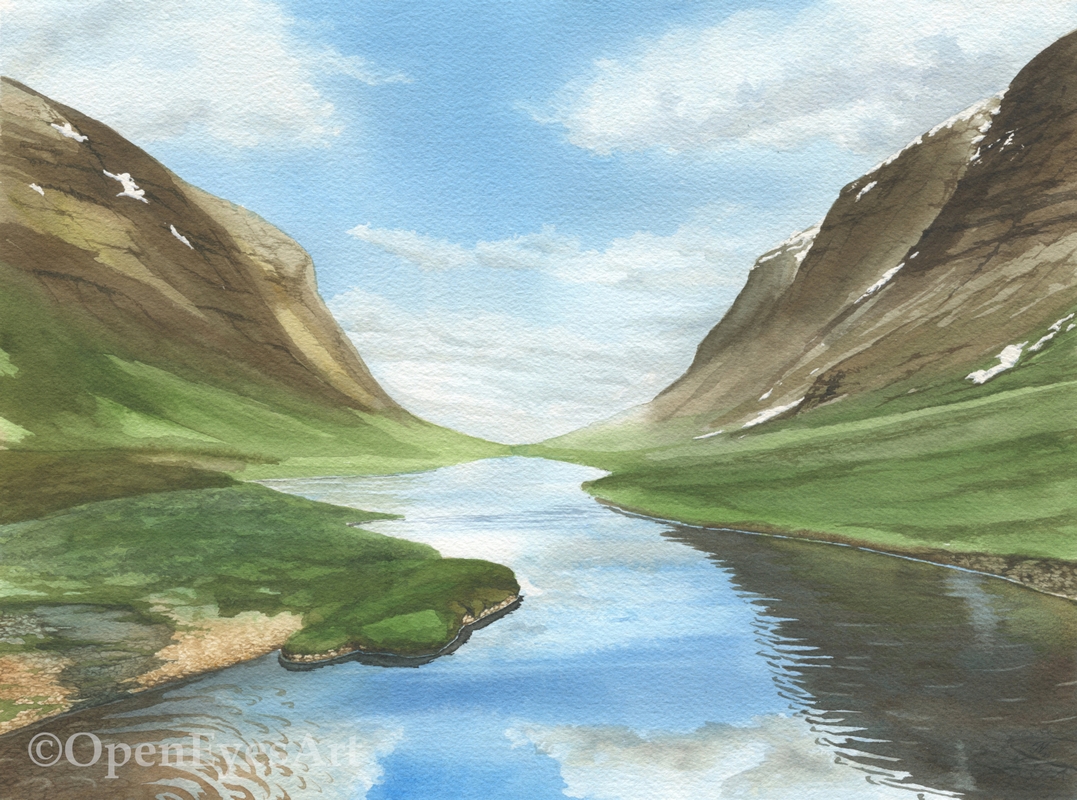 watercolour painting of a mountain valley reflecting in a river