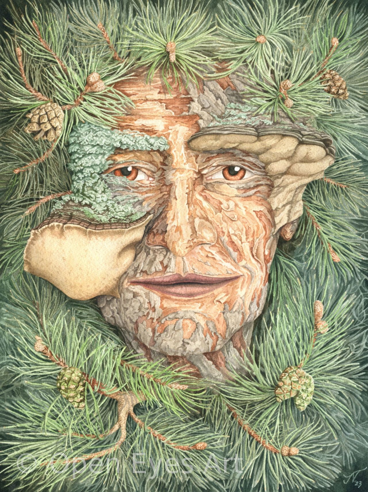 painting of a pine dryad with phellinus pini in their face